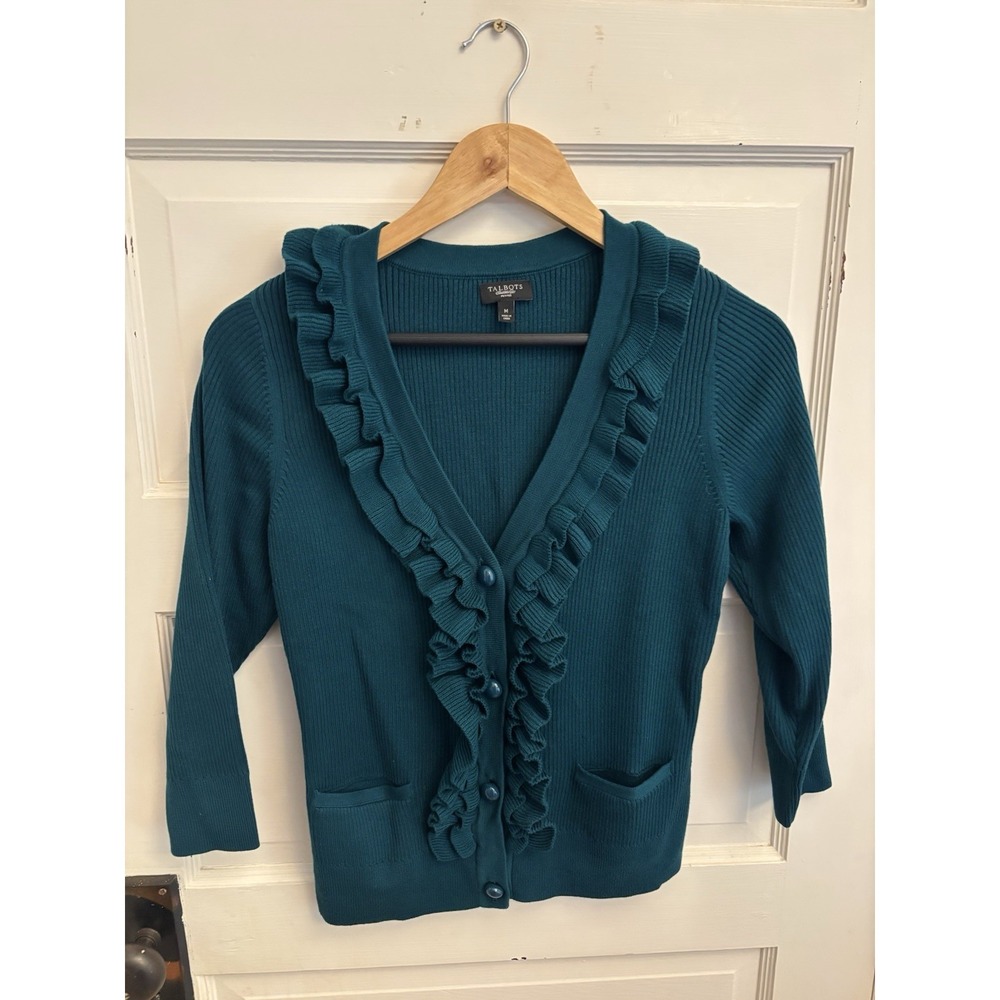 Talbots Women's Green V-Neck Ruffled Cardigan Sweater 3/4 Sleeves Size MP $89